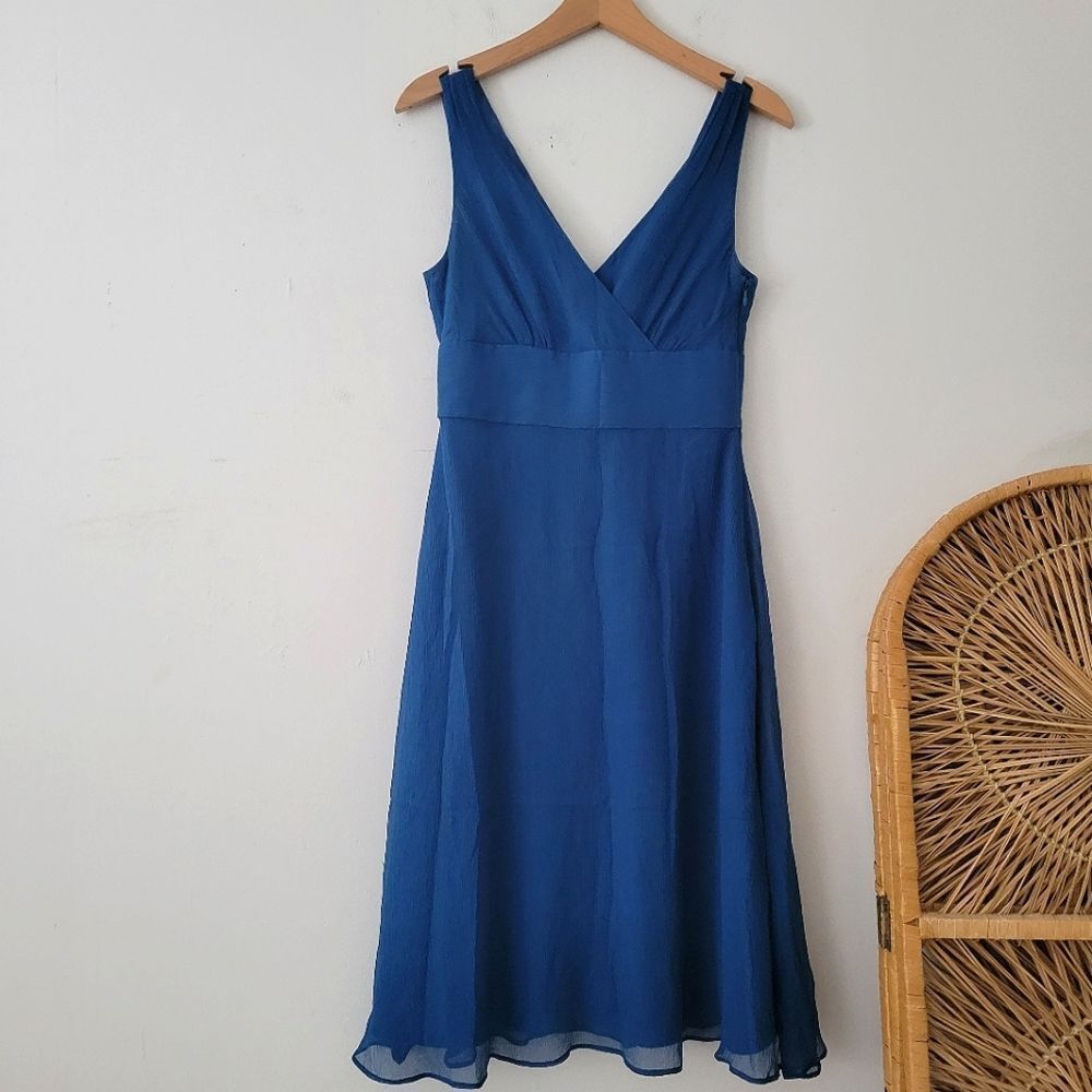 J. Crew 100% Crepe Silk Dress Blue 4 Sleeveless Fit Flare V-Neck